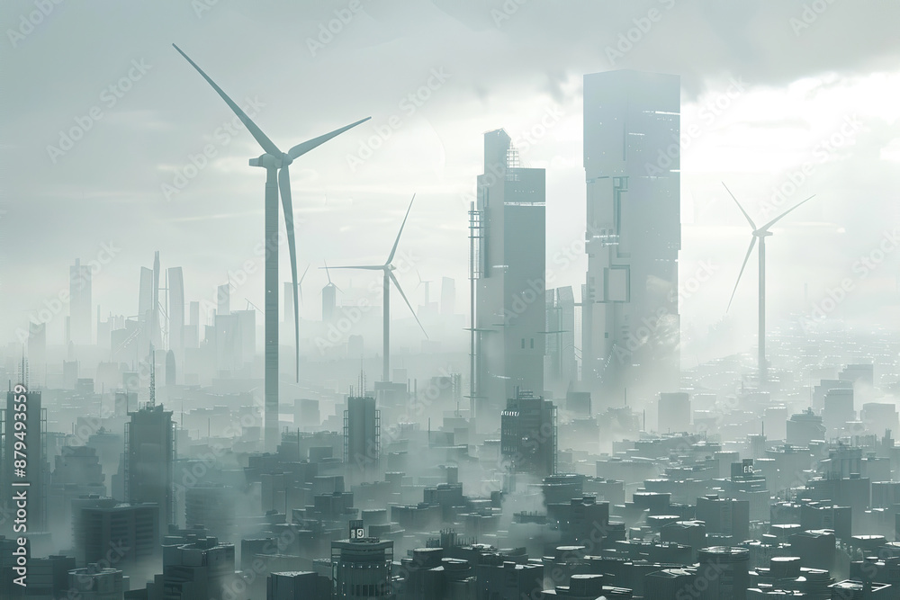 Obraz premium Generative ai on theme of wind power farm with rotation propellers, does not pollute environment