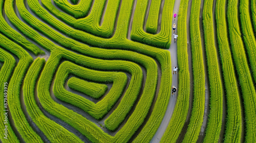 Aerial view of a corn maze, families walking through the paths, surrounded by tall golden cornstalks Aerial view of a corn maze, families walking through the paths, surrounded by tall golden cornstalks