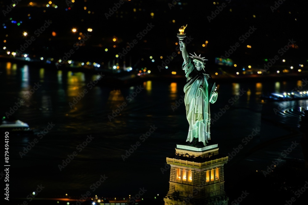 Fototapeta premium Statue of Liberty in New York at night - travel photography. Beautiful simple AI generated image in 4K, unique.