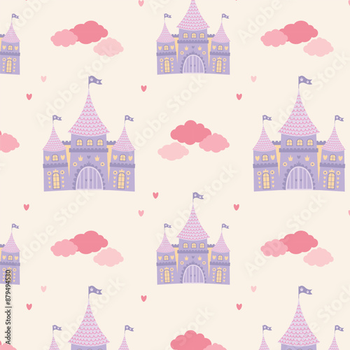 Childrens pattern with princess castle. Seamless pattern with magic fairy castle. Cartoon vector isolated.