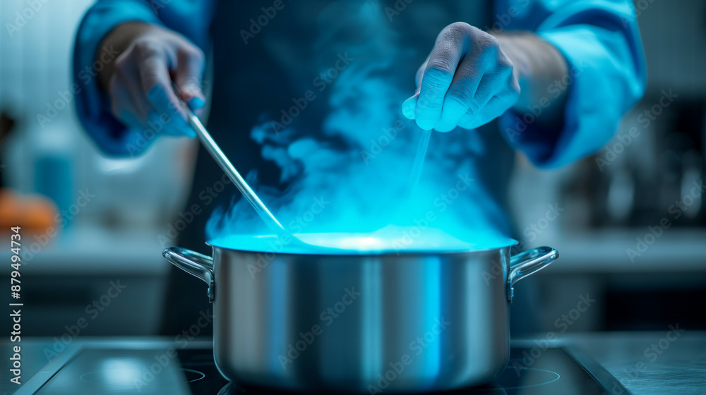 Closeup of a witch's hand holding a ladle, stirring a pot filled with mysterious glowing blue liquid, kitchen counter in the background 