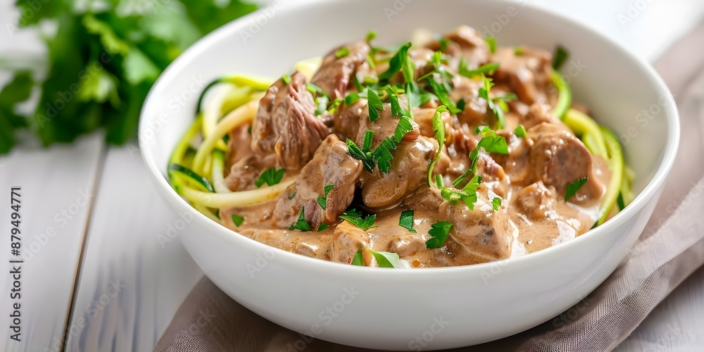 Creamy beef stroganoff served over zucchini noodles with a parsley garnish in a white bowl. Concept Creamy Beef Stroganoff, Zucchini Noodles, Parsley Garnish, White Bowl Creamy beef stroganoff served over zucchini noodles with a parsley garnish in a white bowl. Concept Creamy Beef Stroganoff, Zucchini Noodles, Parsley Garnish, White Bowl