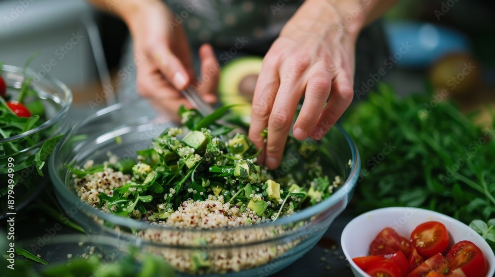 Close-up of hands preparing a vegan salad with quinoa and avocado Close-up of hands preparing a vegan salad with quinoa and avocado