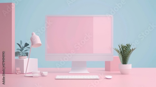 Desktop computer mockup, blank monitor display. Creative concept, 3D design icons for website configuration, repair, maintenance, and settings.