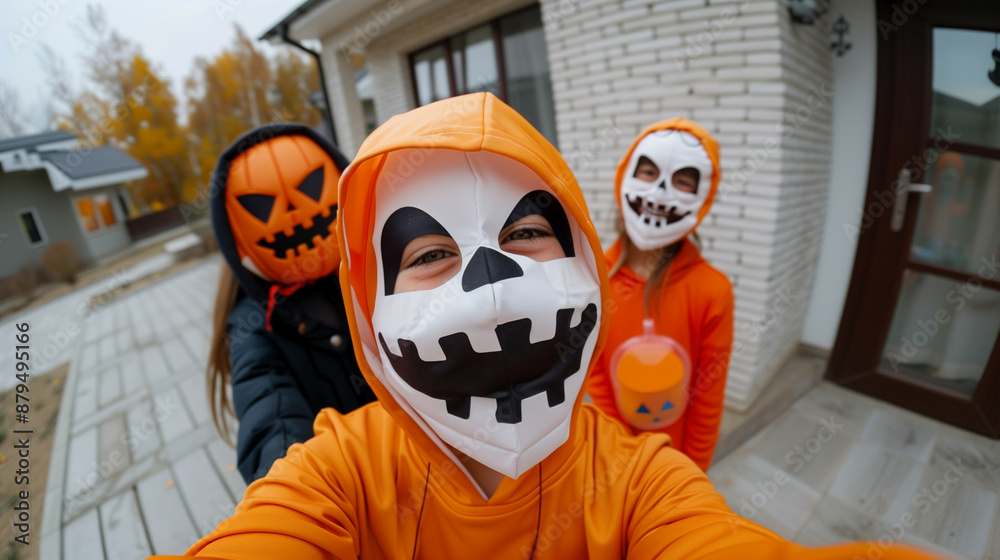 fish eye view trick or treat kids in halloween costumes in spookie face masks fish eye view trick or treat kids in halloween costumes in spookie face masks