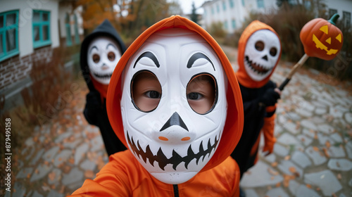 fish eye view trick or treat kids in halloween costumes in spookie masks  photo