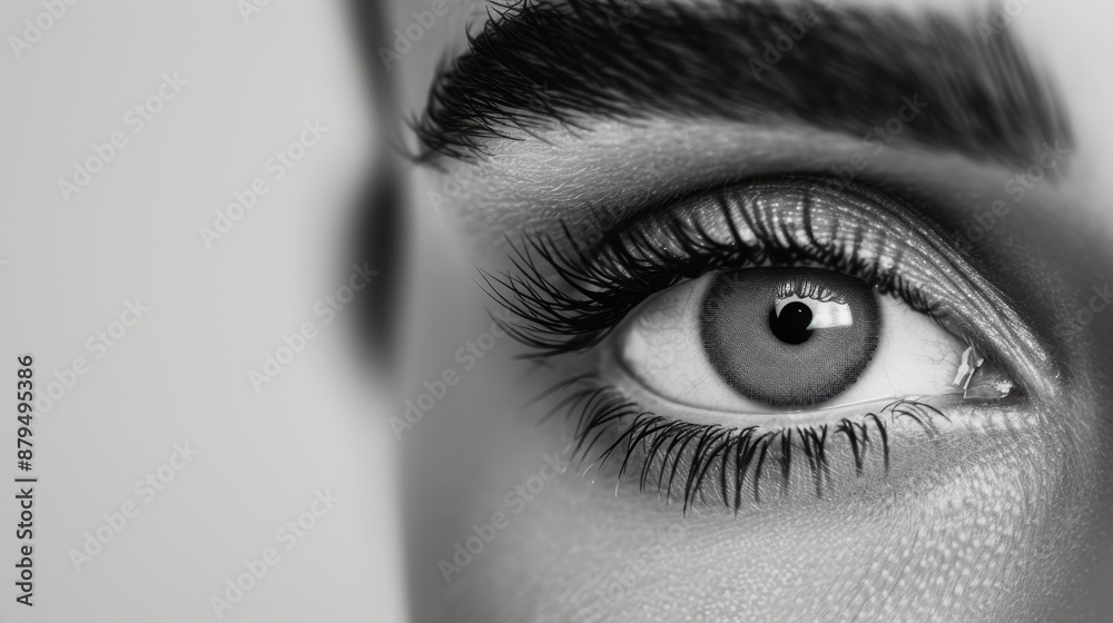 Fototapeta premium A monochrome image of a gray eye, captured with a minimalist aesthetic and plenty of copy space around the eye to highlight the central focus.