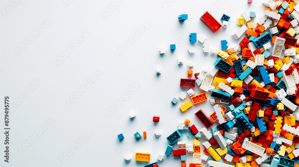 A variety of colorful plastic building blocks scattered across a white background. A variety of colorful plastic building blocks scattered across a white background.