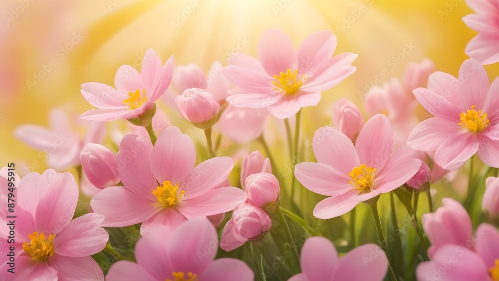 Fototapeta premium Spring or Summer nature background. spring pink flowers close up on an abstract light backdrop., Mother's Day, children's Day, women's Day, copy space, Abstract nature background