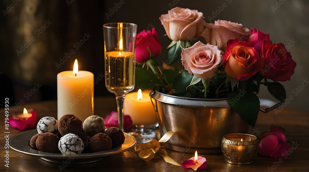 A table with champagne, roses, candles, chocolates A table with champagne, roses, candles, chocolates