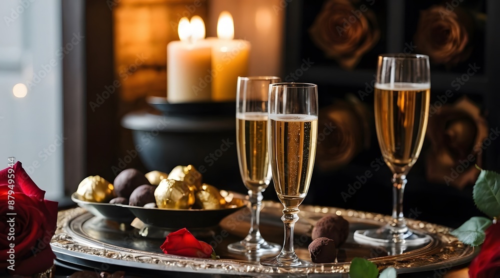 A table with champagne, roses, candles, chocolates A table with champagne, roses, candles, chocolates