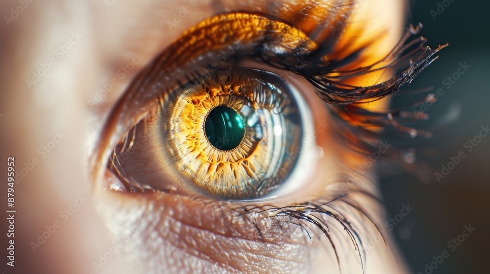 A detailed close-up of an eye with an orange hue, with minimalist elements and plenty of surrounding copy space. A detailed close-up of an eye with an orange hue, with minimalist elements and plenty of surrounding copy space.