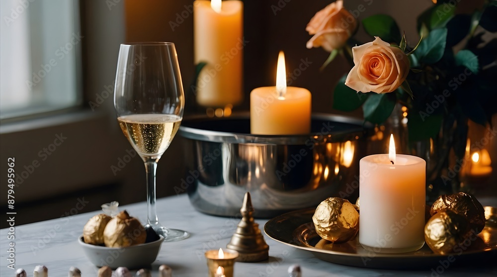 A table with champagne, roses, candles, chocolates