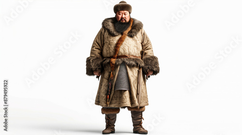 Realistic style, Genghis Khan, full body, felt hat, Mongolian war robe, boots, resolute expression, majestic, with a pure white background  © fotogurmespb
