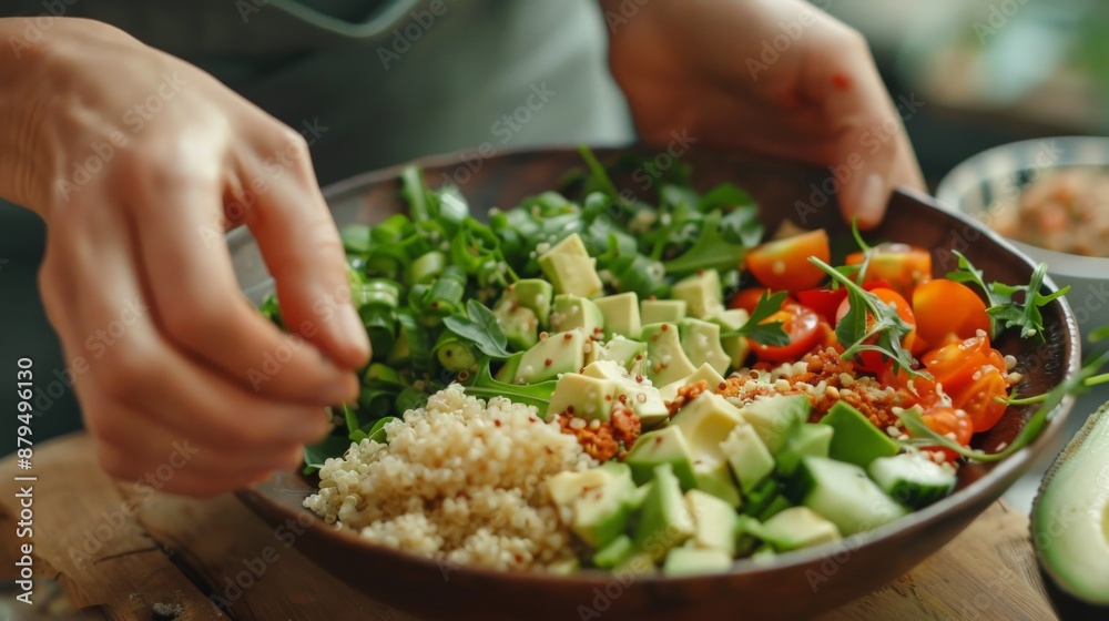 Close-up of hands preparing a vegan salad with quinoa and avocado Close-up of hands preparing a vegan salad with quinoa and avocado