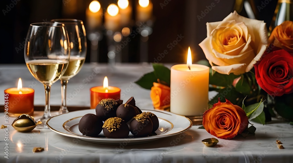 A table with champagne, roses, candles, chocolates