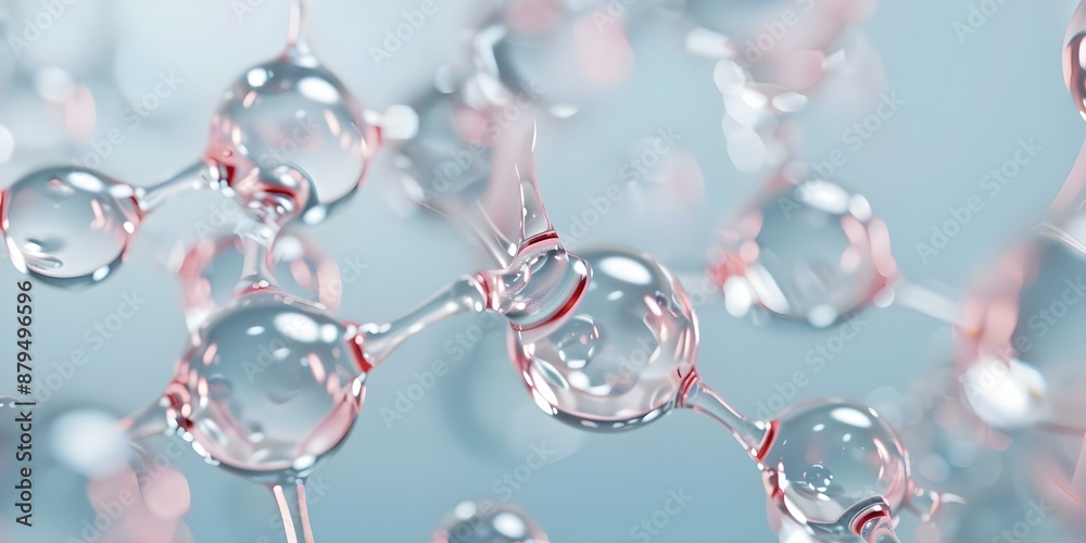 3D rendering of realistic skin cell background with hyaluronic acid molecule. Concept Biomedical Illustration, Skin Cell Structure, Hyaluronic Acid Molecule, 3D Rendering, Scientific Visualization