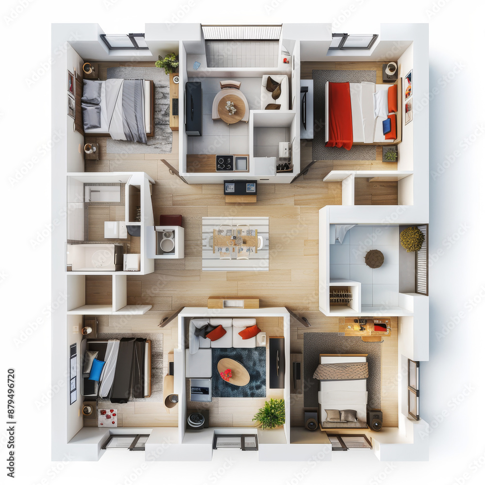 Top-down 3D render of an apartment interior floor plan isolated on a white background. Top-down 3D render of an apartment interior floor plan isolated on a white background.