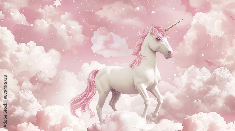 Dreamy wallpaper for little girls featuring unicorns, stars, and clouds in soft pink and white shades. Perfect for creating a magical and whimsical atmosphere in their bedrooms or playrooms.