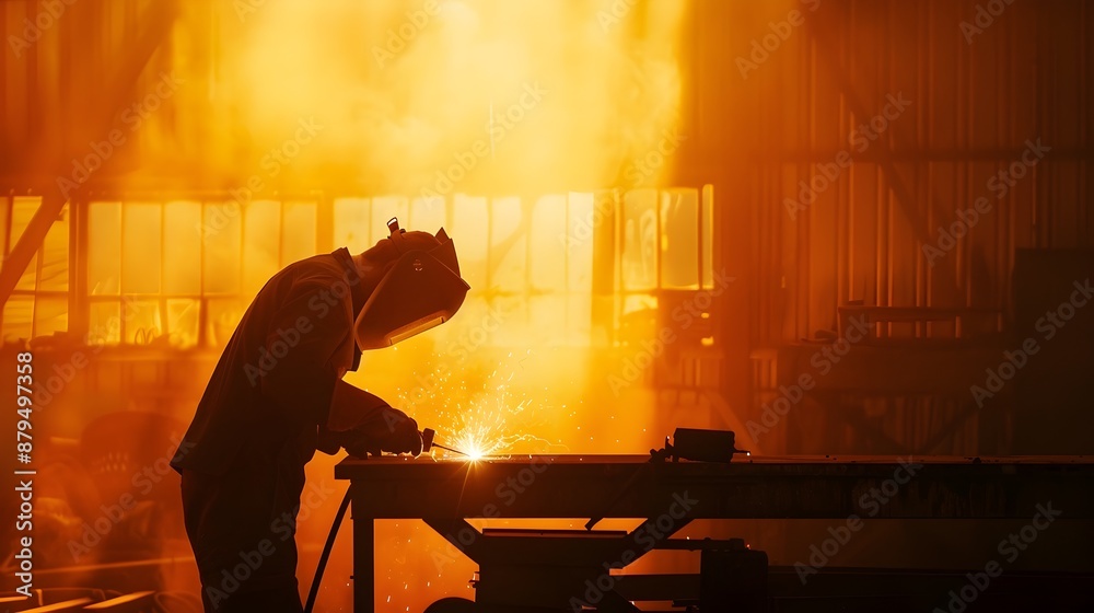 Fototapeta premium Silhouette of a Welder in Protective Gear Working in an Industrial Workshop