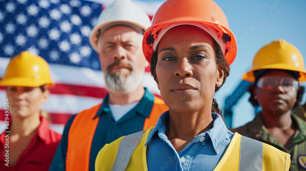wide angle shot of a diverse group of workers in various uniforms, standing proudly in front of an American flag, clear blue sky wide angle shot of a diverse group of workers in various uniforms, standing proudly in front of an American flag, clear blue sky