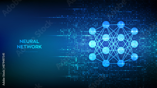 Neural network icon made with binary code. AI. Artificial Intelligence. Machine Learning. Deep learning. Big data analysis technology. Digital code background with digits 1.0. Vector Illustration.