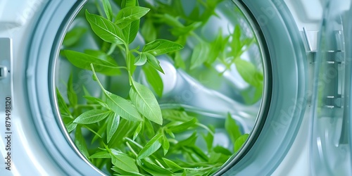 Green leaves in washing machine symbolize ecofriendly cleaning practices and nature freshness. Concept Eco-friendly Cleaning, Nature-inspired Practices, Green Living, Washing Machine, Freshness photo