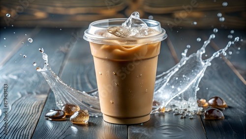 Iced coffee in a plastic cup with a splash of water photo
