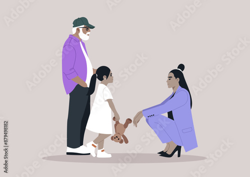 A Moment of Transition, A Young kid Meets Her caregiver, She stands with her grandfather as she prepares to meet her mother, The woman is seated on the floor, looking toward her