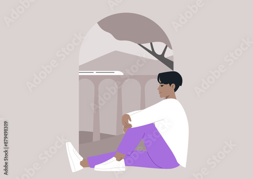 A young character sits by a window, gazing out at the passing train and the cityscape beyond, Sunlight streams through the archway, illuminating their pensive expression