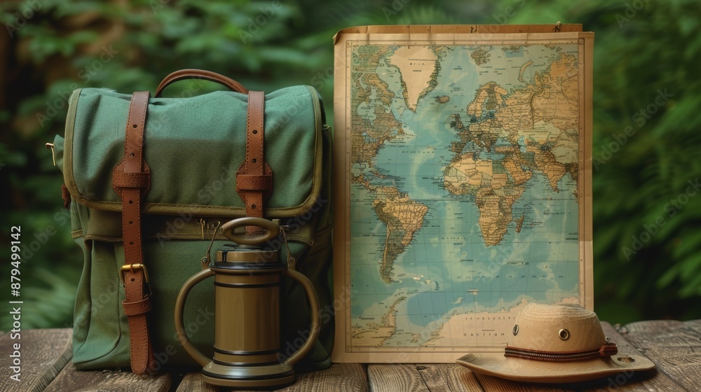 A green backpack, thermos, world map, and hat on a wooden table with a blurred green background. The map has a vintage style, and the backpack and hat evoke a sense of adventure and travel. A green backpack, thermos, world map, and hat on a wooden table with a blurred green background. The map has a vintage style, and the backpack and hat evoke a sense of adventure and travel.