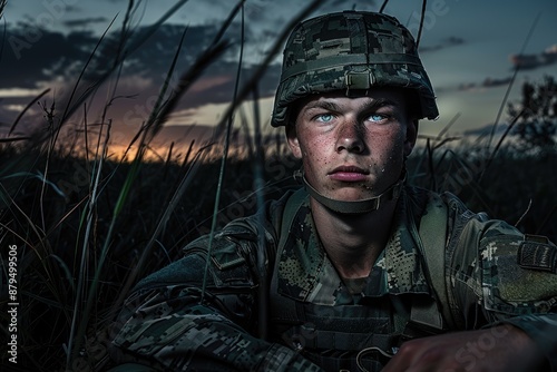 A soldier in camouflage is prepared for action, looking serious and focused, showing determination and professionalism AIG58 photo