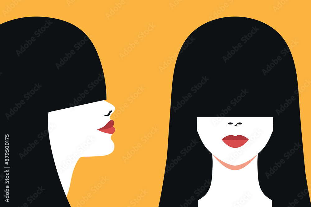 Abstract faceless woman portrait front and side view. Brunette female with long bangs covering her eyes. Red lips. Full face and profile portrait on yellow background Abstract faceless woman portrait front and side view. Brunette female with long bangs covering her eyes. Red lips. Full face and profile portrait on yellow background