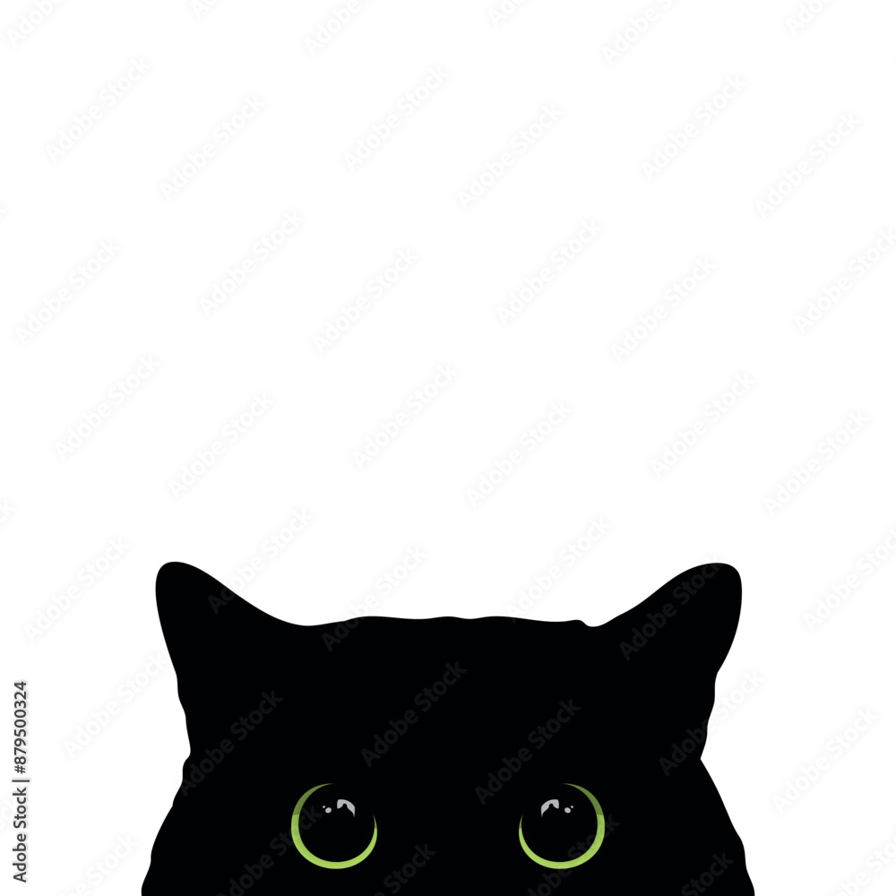 Peeking black cat with big green eyes isolated on white background. Curious cat hides and peeks. Cute black cat face. Vector illustration Peeking black cat with big green eyes isolated on white background. Curious cat hides and peeks. Cute black cat face. Vector illustration