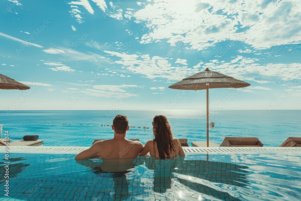 Obraz premium Two people enjoy a serene moment in an infinity pool, with stunning views of the vast ocean and a clear blue sky, symbolizing tranquility and relaxation.