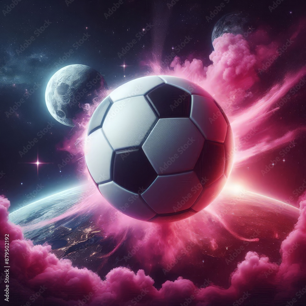 Naklejka premium a photo realistic soccer ball as a planet in space with pink smoke and explosions, with 2 moons in the background, digital art