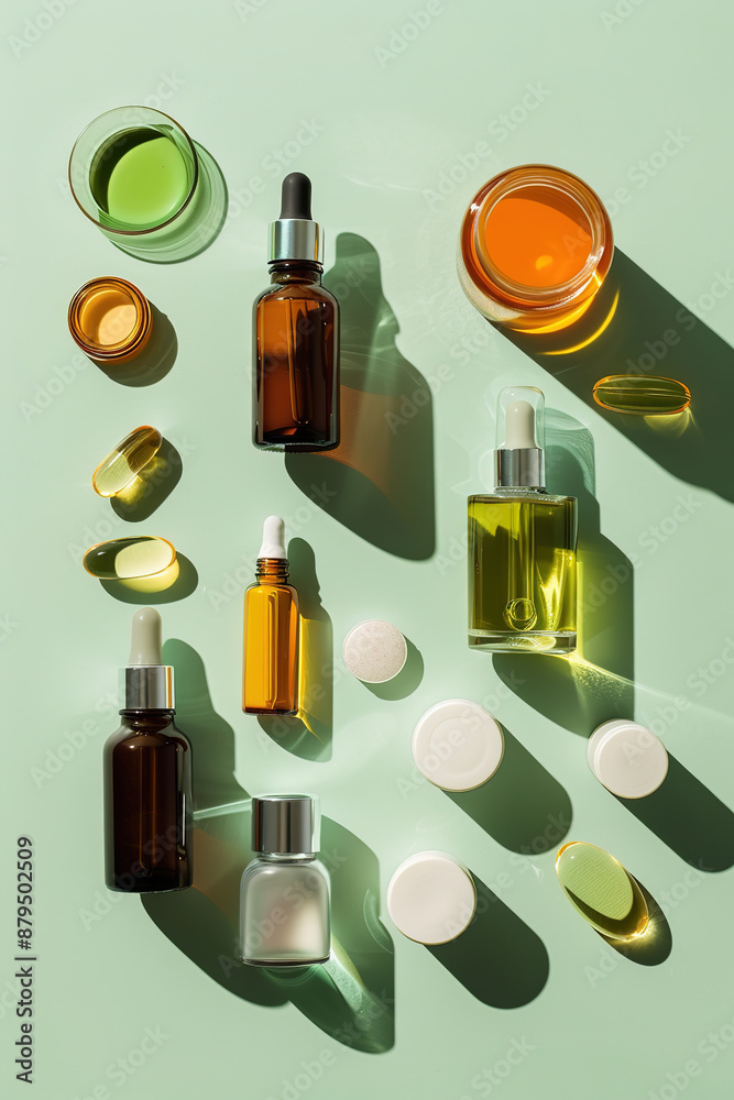Assorted skincare bottles on green with shadows and light play. Assorted skincare bottles on green with shadows and light play.
