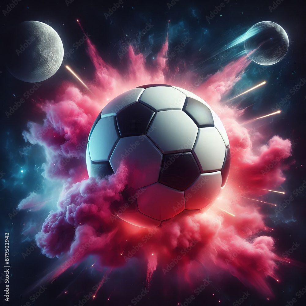 Fototapeta premium a photo realistic soccer ball as a planet in space with pink smoke and explosions, with 2 moons in the background, digital art