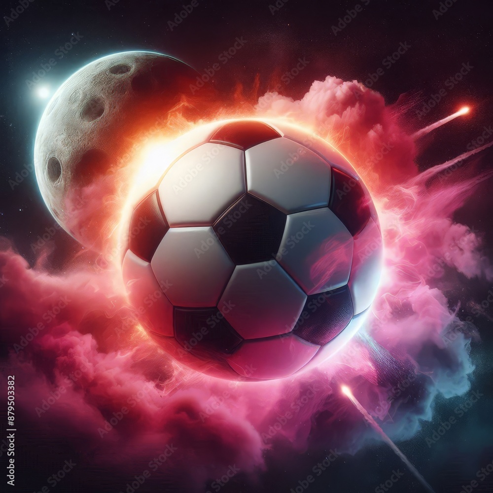 Fototapeta premium a photo realistic soccer ball as a planet in space with pink smoke and explosions, with 2 moons in the background, digital art
