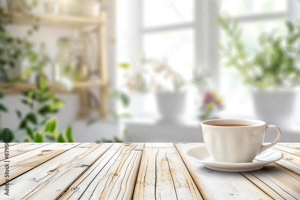 Tea cup on a bright wooden table with a blurry calm environment, Mockup, Relaxing drink Tea cup on a bright wooden table with a blurry calm environment, Mockup, Relaxing drink