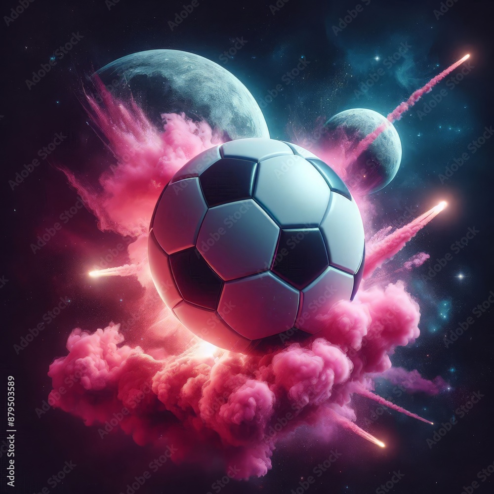 Fototapeta premium a photo realistic soccer ball as a planet in space with pink smoke and explosions, with 2 moons in the background, digital art