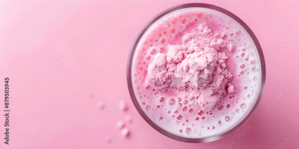 Macro Shot of Glass with Pink Collagen Protein Powder and Nutritious Ingredients. Concept Macro Photography, Glass Objects, Pink Collagen, Protein Powder, Nutritious Ingredients Macro Shot of Glass with Pink Collagen Protein Powder and Nutritious Ingredients. Concept Macro Photography, Glass Objects, Pink Collagen, Protein Powder, Nutritious Ingredients