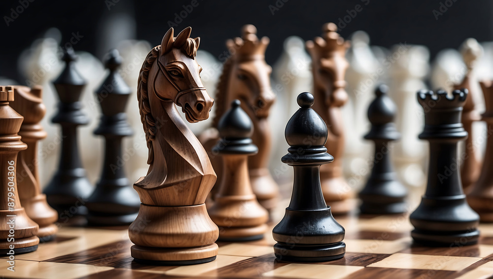 International chess day, a wooden knight chess piece on a chessboard with other chess pieces blurred in the background. The board features alternating dark and light squares with a glossy finish International chess day, a wooden knight chess piece on a chessboard with other chess pieces blurred in the background. The board features alternating dark and light squares with a glossy finish