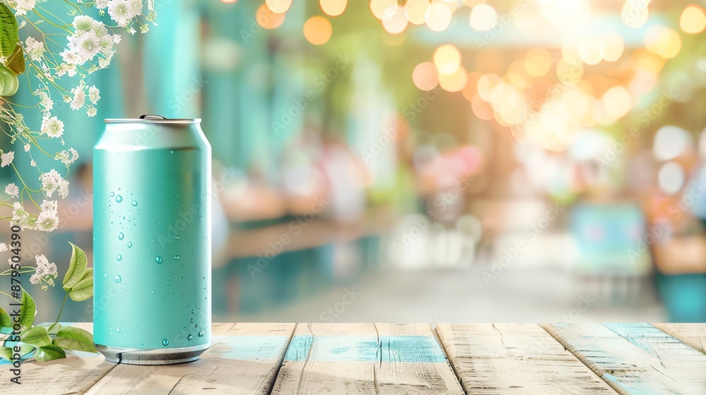Beer can on a bright wooden table with a blurry sports event, Mockup, Refreshing beverage Beer can on a bright wooden table with a blurry sports event, Mockup, Refreshing beverage
