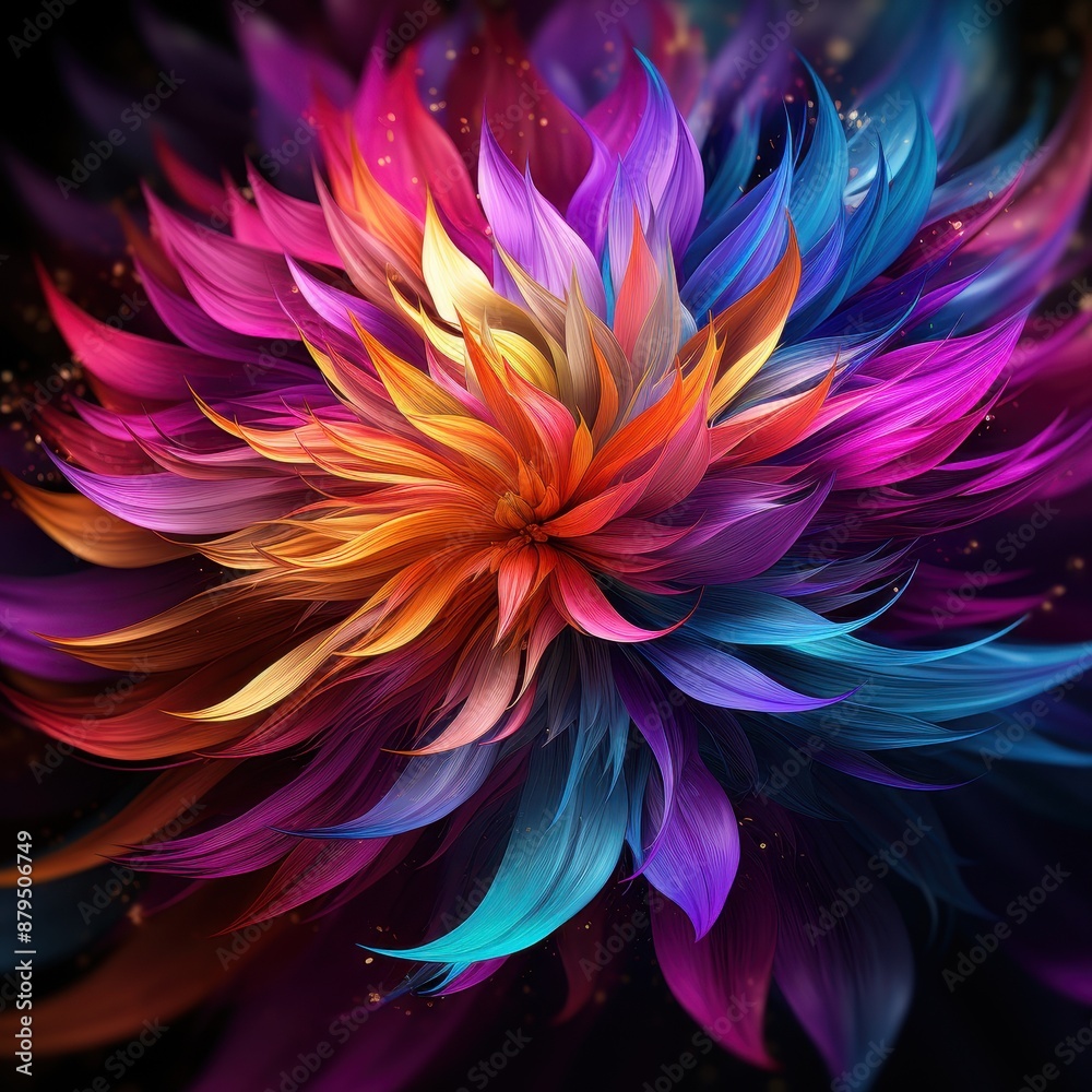 Vibrant abstract multicolored digital flower illustration with flowing petals, creating an eye-catching burst of color and dynamic movement.