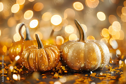 glamorous pumpkins with golden confetti and bokeh festive background