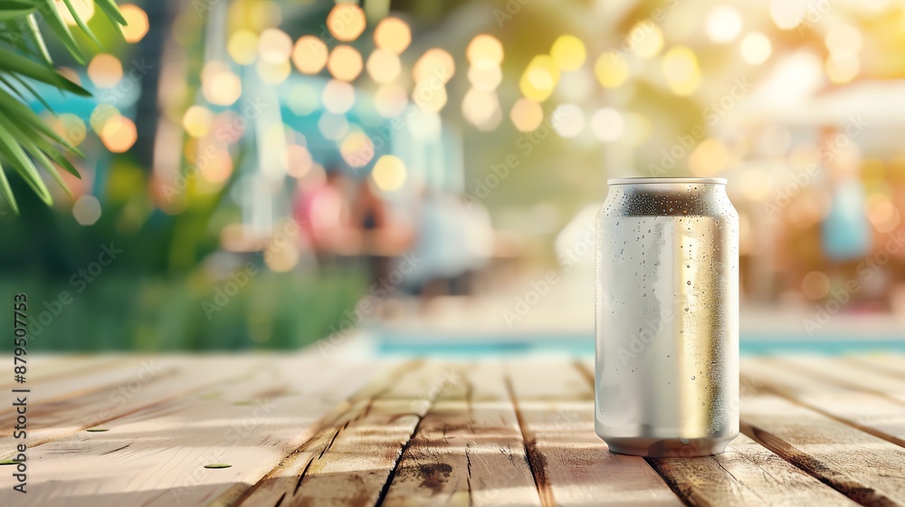 Beer can on a bright wooden table with a blurry sports event, Mockup, Refreshing beverage Beer can on a bright wooden table with a blurry sports event, Mockup, Refreshing beverage