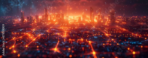 Smart City Infrastructure Powered by AI, illustrating cyber big data flow and blockchain data fields in a 3D visualization, science research and music waves for an innovative urban infrastructure.