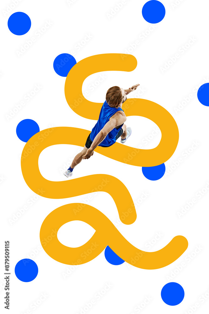 Top view of athletic man in blue uniform running against white background with abstract blue and yellow abstract elements. Minimalistic design. Concept of sport, athletics, marathon, competition Top view of athletic man in blue uniform running against white background with abstract blue and yellow abstract elements. Minimalistic design. Concept of sport, athletics, marathon, competition