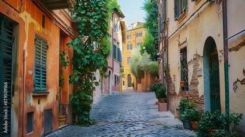 A charming cobblestone lane in the heart of Rome, Italy, framed by pastel-colored facades and cascading ivy. The architecture reflects the quintessential Italian style. © horizon